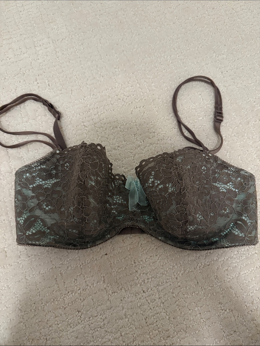 Lace Balconette Bra in Brown with Teal Accent